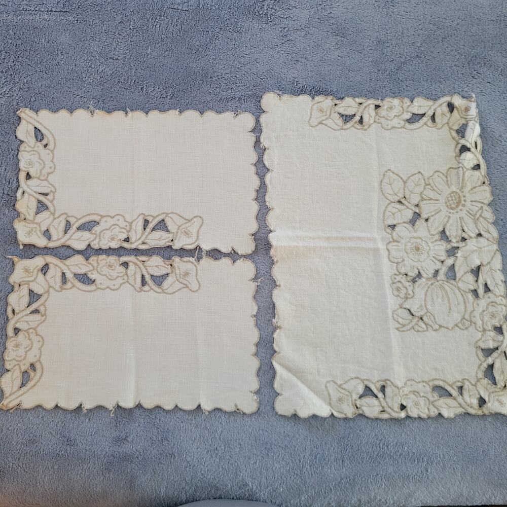 Vintage Madeira-style linen dresser set, 3 piece - Handmade, 1960s, Gray